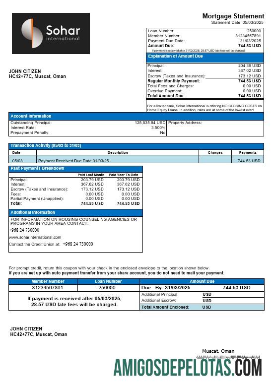 Declaração de hipoteca internacional de Omã Sohar em formatos Word e PDF exemplo real
